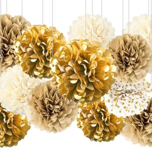 Gold White Party Decorations,12Pcs Hanging Tissue Paper Pom Poms,Pompoms Flowers for Engagement,Wedding,Birthday,Bachelorette,Bridal Shower Party Deco