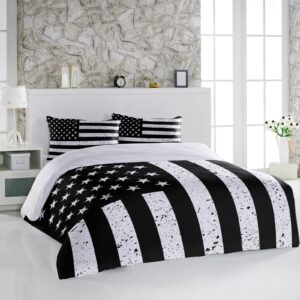 Duvet Cover Sets Black White USA Flag Star and Stripe,3 Pieces Bedding Set Ultra Soft Microfiber Quilt Covers and Pillowcase for Bedroom,Independence Day 4th of July Bed Set All Seasons Use