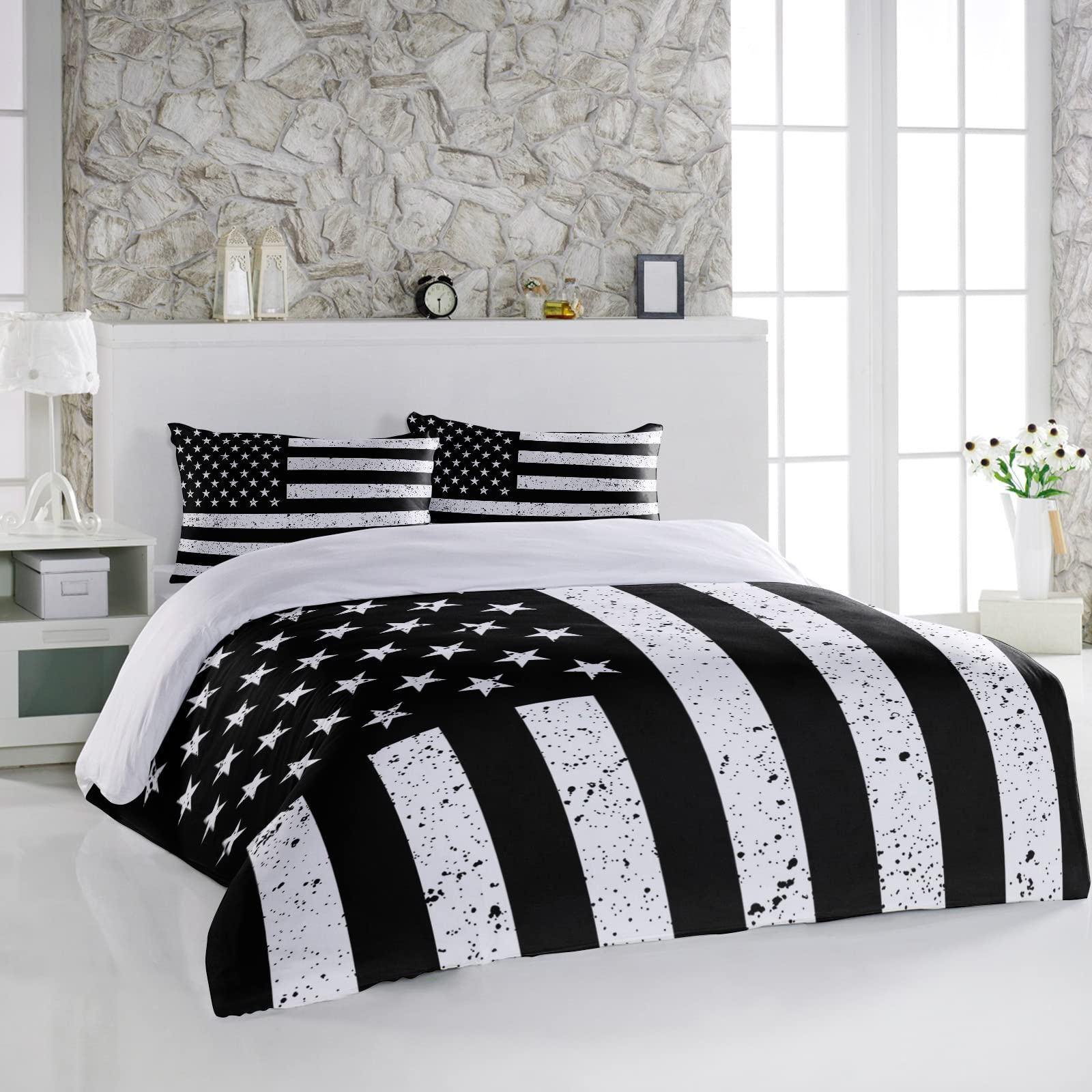 Duvet Cover Sets Black White USA Flag Star and Stripe,3 Pieces Bedding Set Ultra Soft Microfiber Quilt Covers and Pillowcase for Bedroom,Independence Day 4th of July Bed Set All Seasons Use