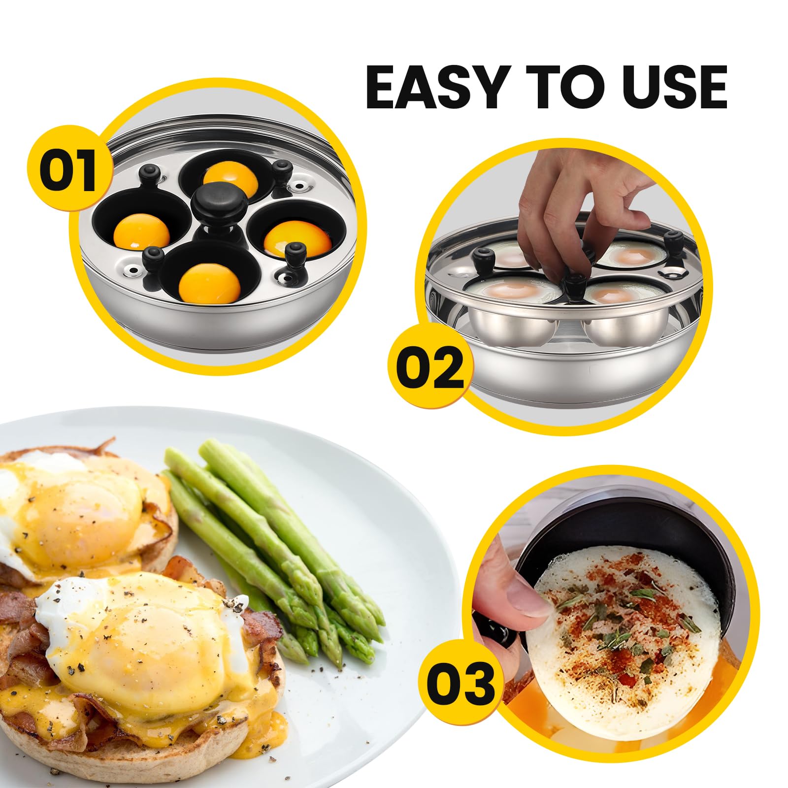 MARSKITOP Egg Poacher Pan Nonstick 4 Eggs, Poached Egg Pan Stainless Steel Poached Egg Cooker, Egg Poaching Pan PFOA Free, Poached Egg Maker with Nonstick Poached Egg Cups