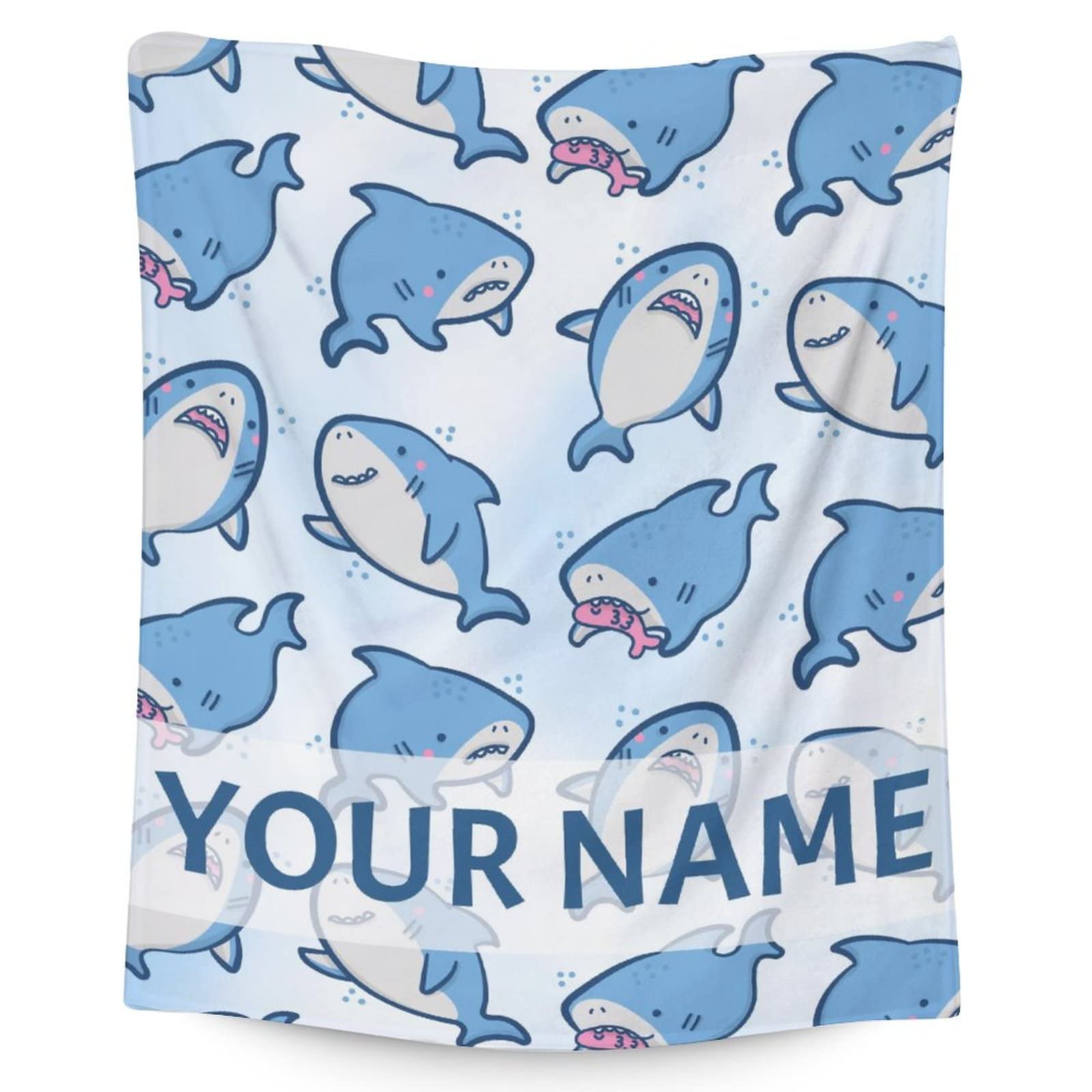 Custom Shark Blanket Gifts with Name - 30x40 Inches Cute Throw Blanket for Women & Girls - Light Blue Soft Fuzzy Plush Blankets for Couch, Office