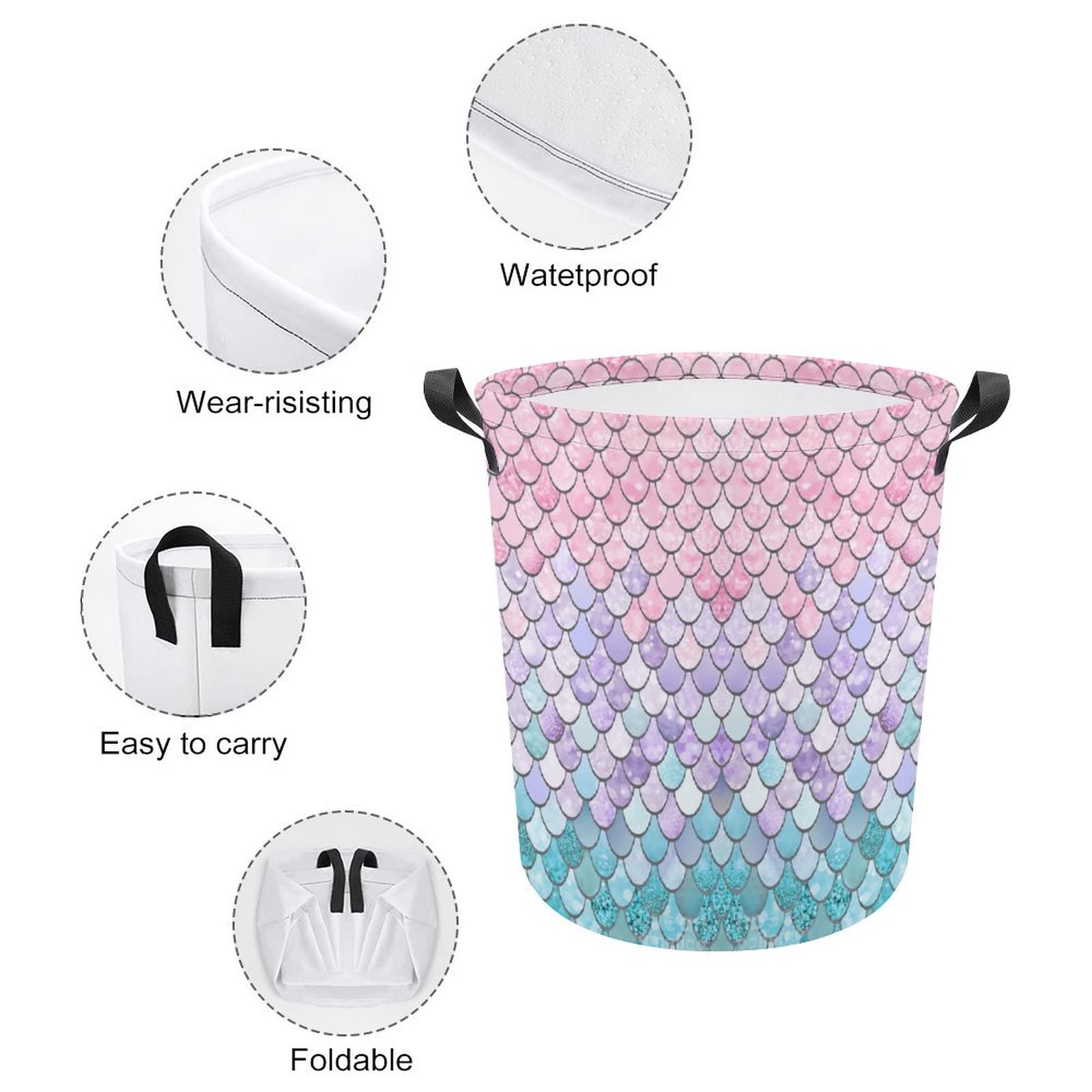 Lurhonp Collapsible Laundry Basket Mermaid Large Waterproof Laundry Bag Dirty Clothes Storage Basket Toys Organizer with Handles for Kids Room,Mermaid 02