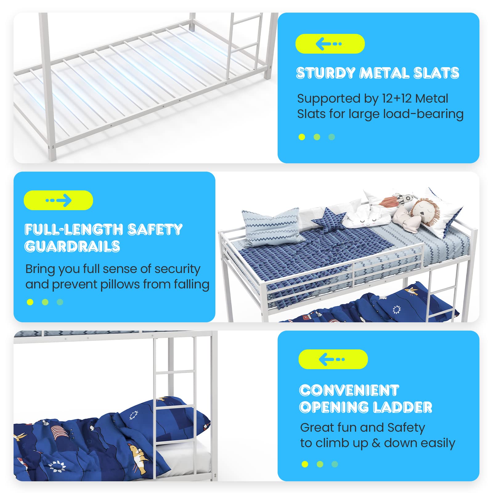 GOFLAME Twin Over Twin Bunk Bed, Metal Frame Loft Bunk Bed with Ladder and Guard Rail, Heavy-Duty Slatted Floor Bunk Bed Frame for Kids, Teens, No Box Spring Needed (White)