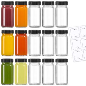 15 pack 2 oz glass shot mini bottles w/ black lids & 15 labels - small clear jar for ginger, wellness shot, juice, sample, whiskey - travel essentials - wide mouth, leakproof, dishwasher safe