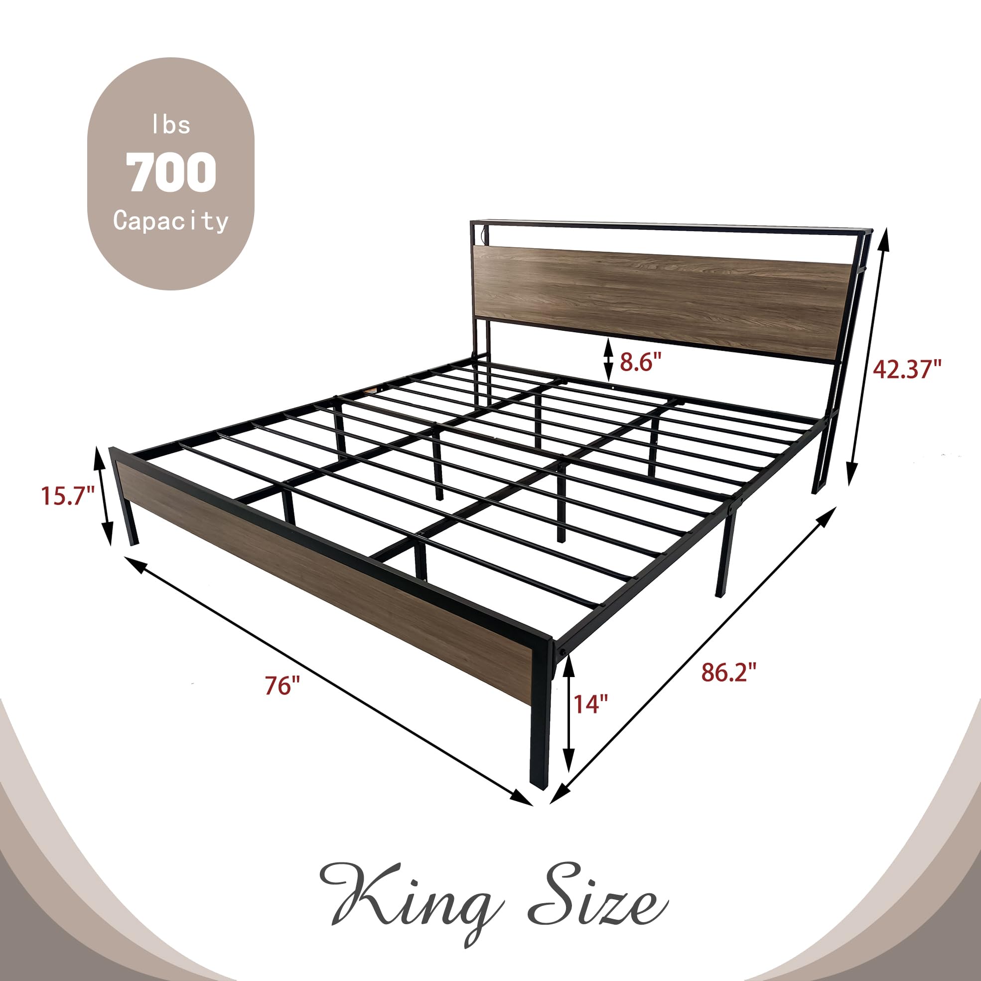 Tuconia King Bed Frame with LED Lights Metal Platform Bed Frame with Storage Headboard Built in Charging Station & USB Ports Noise-Free No Box Spring Needed Grey