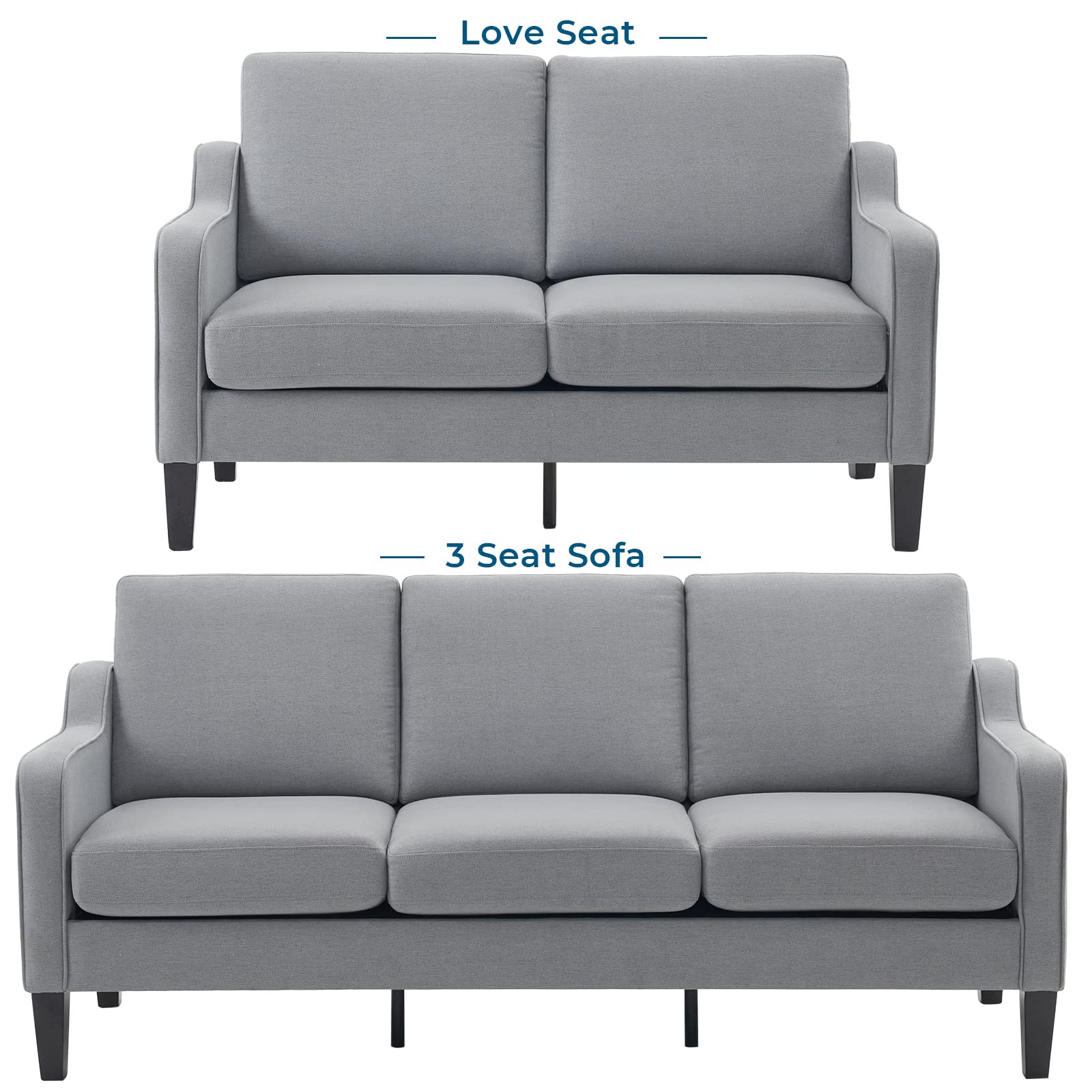 VINGLI Mid-Century Modern Light Grey Loveseat and Sofa Set,53" Small Love Seat+71" Sofa Couch for Living Room,Bedroom,Apartment(Light Grey)