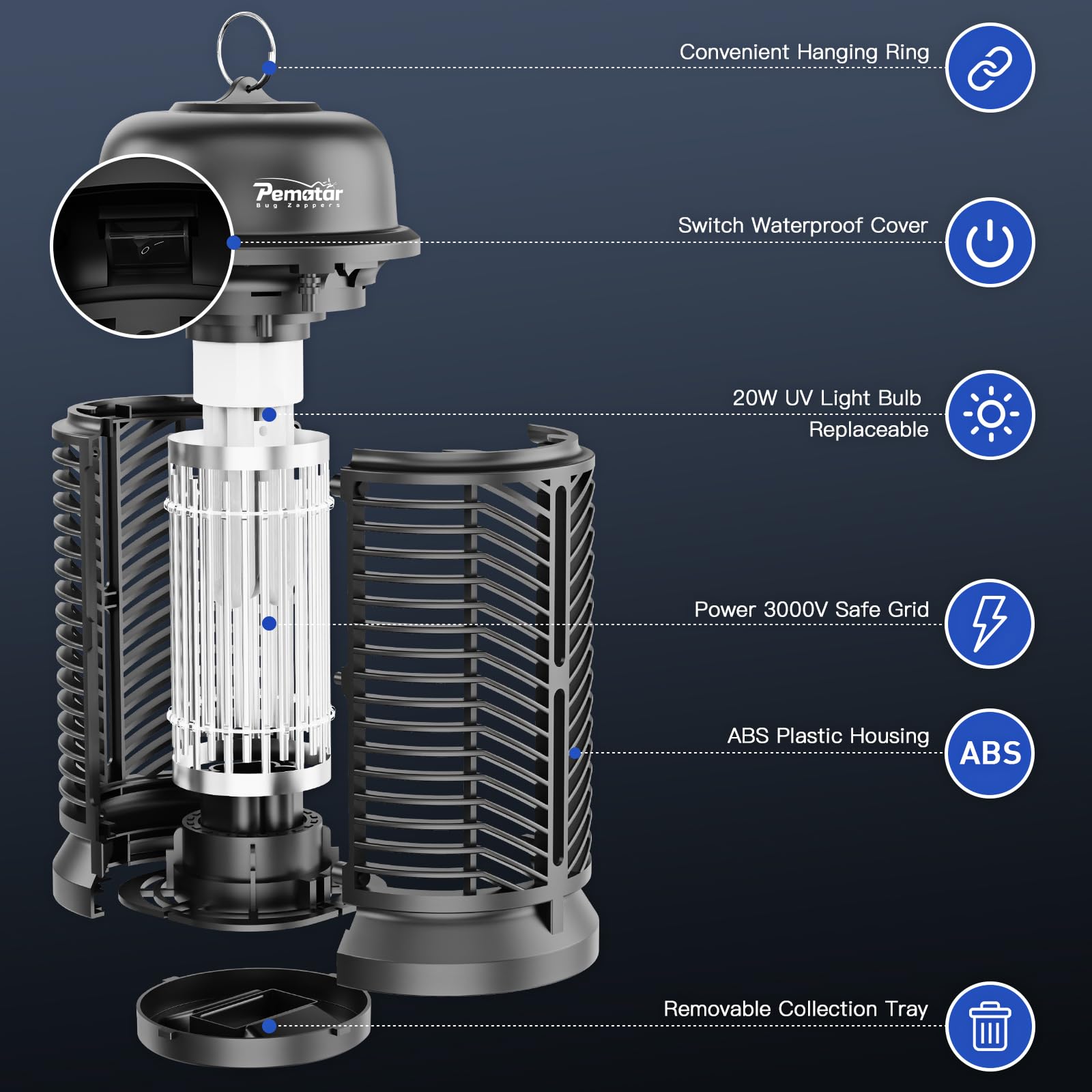 PEMATAR Bug Zapper Outdoor Electric, 4200V/20W High Power Voltage Mosquito Zapper, IPX4 Waterproof Fly Traps, Fly Zapper for Camping, Backyard, Patio and Garden