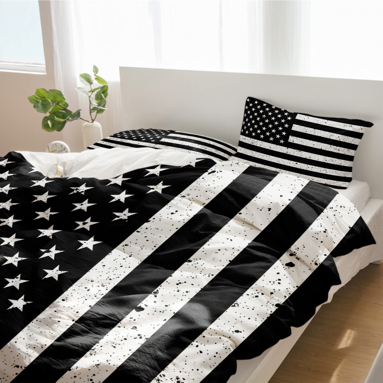 Duvet Cover Sets Black White USA Flag Star and Stripe,3 Pieces Bedding Set Ultra Soft Microfiber Quilt Covers and Pillowcase for Bedroom,Independence Day 4th of July Bed Set All Seasons Use