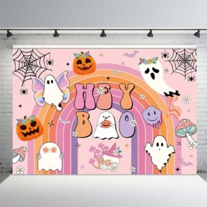 MEHOFOND 7x5ft Halloween Baby Shower Backdrop Pink Hey Boo Kids Birthday Bash Banner Cute Ghost Retro Groovy Rainbow Birthday Party Decorations Background Halloween Baby Shower Decorations Banner