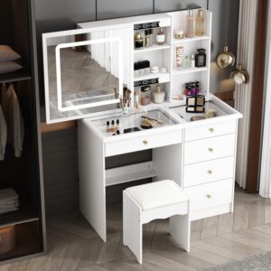 homsee vanity desk set makeup table with large sliding lighted mirror & glass top, modern dressing table with drawers, storage shelves & stool for bedroom, white