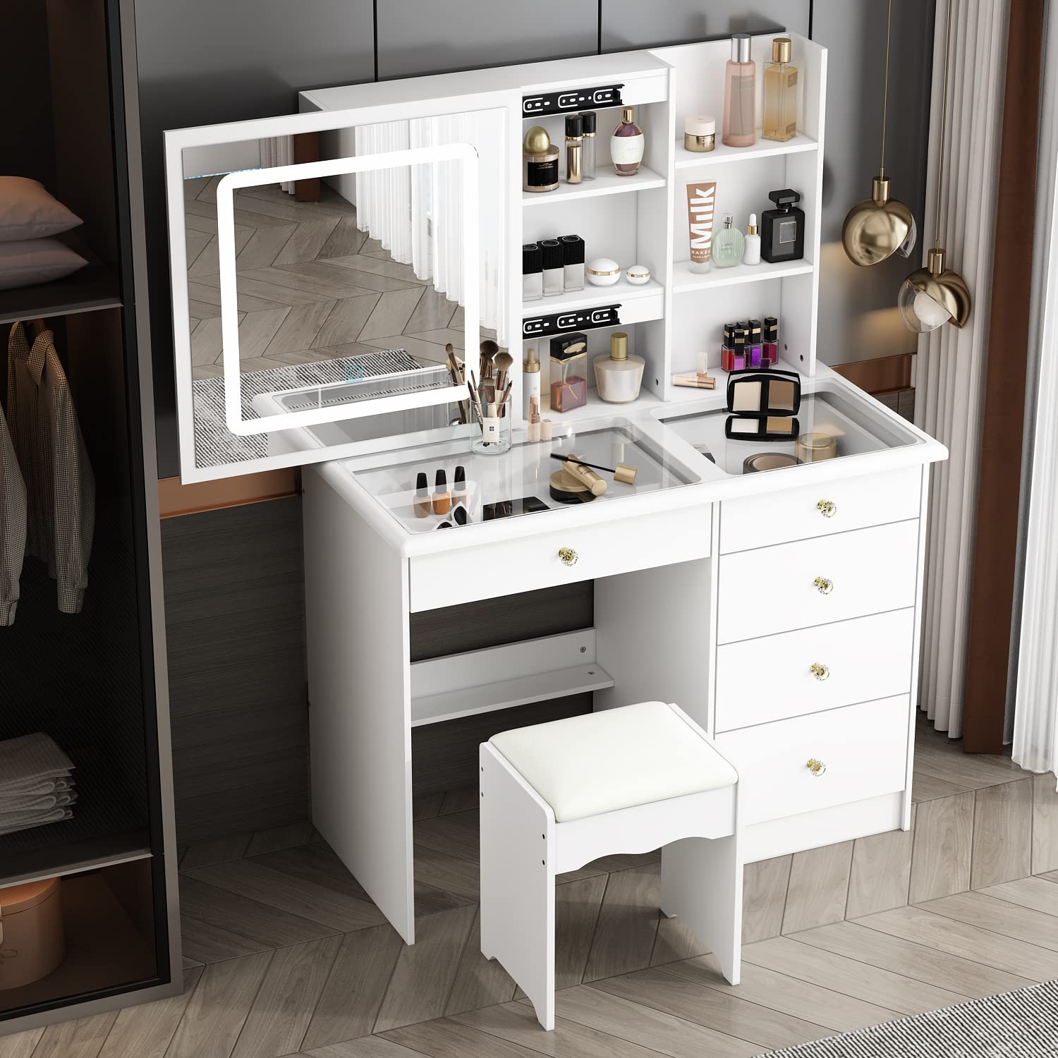 Homsee Vanity Desk Set Makeup Table with Large Sliding Lighted Mirror & Glass Top, Modern Dressing Table with Drawers, Storage Shelves & Stool for Bedroom, White