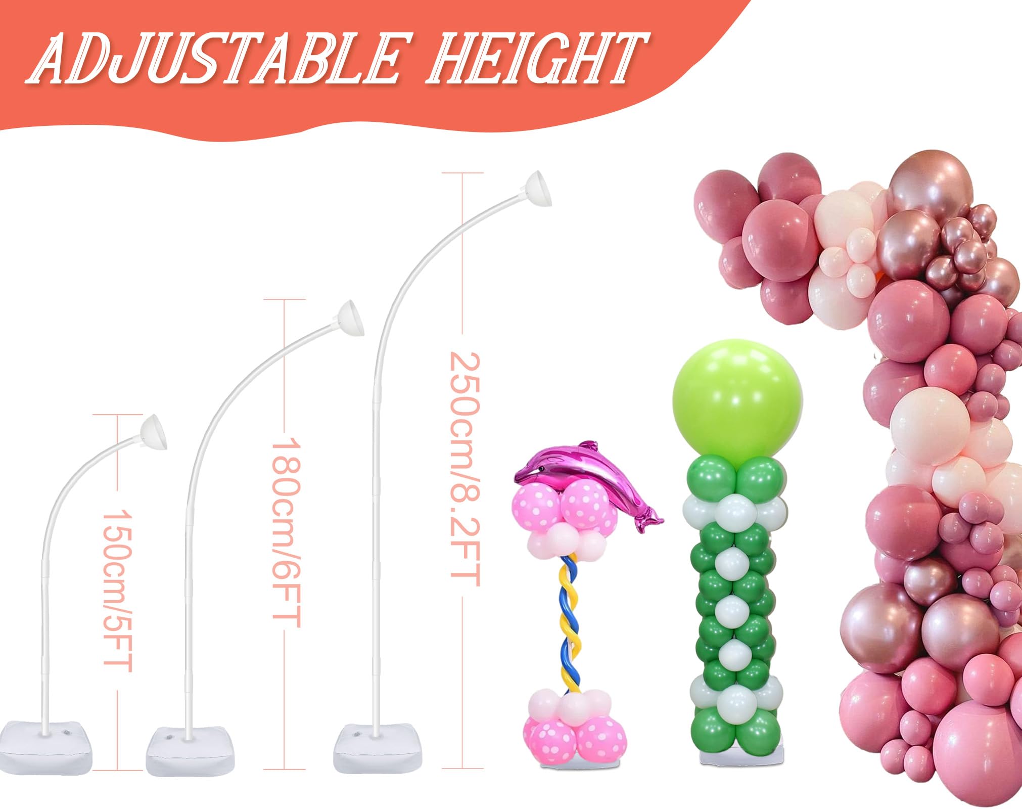 CYAOOI 8FT & 6FT Balloon Arch Stand, Flexible Top Balloon Arch Kit, Half Arch Balloon Stand with Base for Floor, Balloon Column Kit for Wedding Birthday Baby Shower Graduation Party Decorations