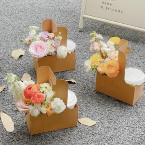 Enorteen 25 Pcs Kraft Paper Flower Gift Bags Handle Bouquet Bags Coffee Drink Carrier Bags Floral Gift Bags for Thanksgiving Birthday Wedding Party Favors