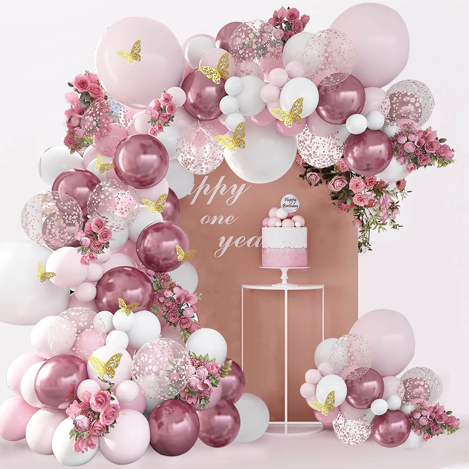 Pink Balloon Garland Metallic Pink White Balloon Arch Kit Butterfly Stickers Rose Gold Confetti Balloons for Bridal Shower Birthday Party Decorations