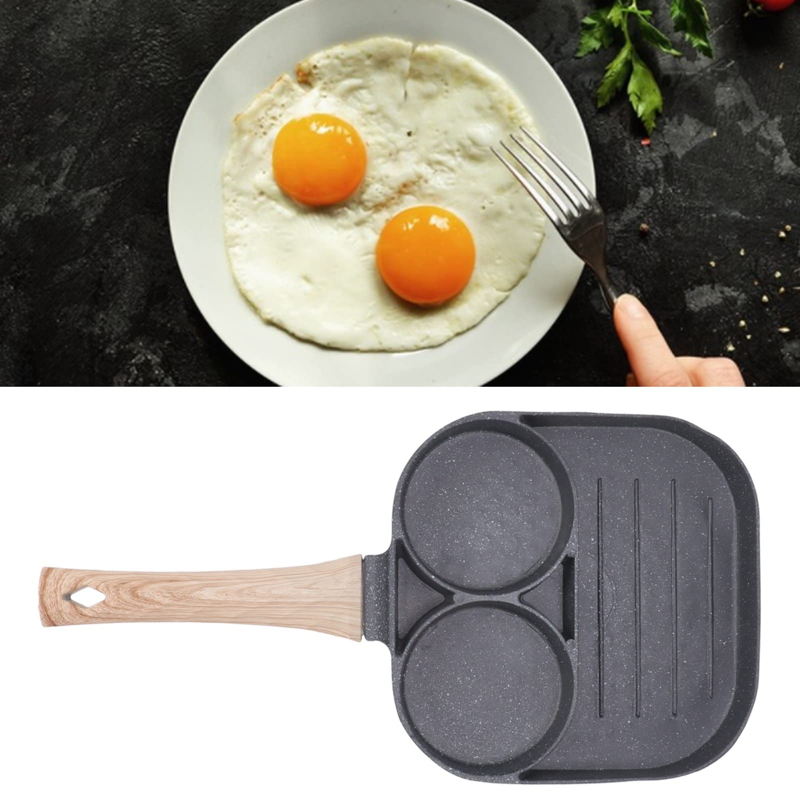 Breakfast Cooking Pan Egg Frying 2 Round Cup 3 Section Stick Proof With Wooden Handle For Induction Gas Stove Home