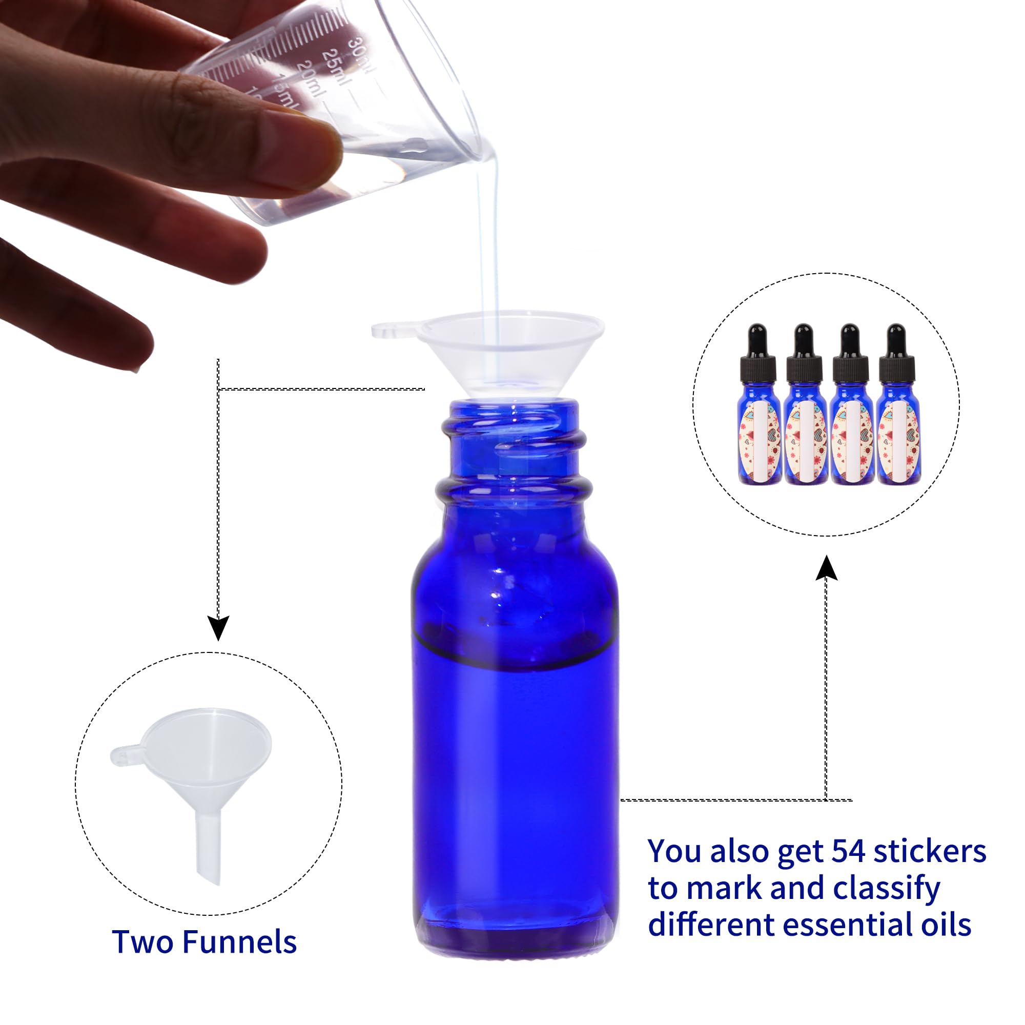 HWASHIN 48 Pack 1/2 oz (15ml) Cobalt Blue Glass Bottles with Glass Eye Droppers for Essential Oils, Perfumes & Lab Chemicals (Brush, Funnels, 2 Extra Droppers, Labels & Measuring Cup Included)