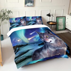 AILONEN Wolf Duvet Cover 3 Piece Set Twin Size, Blue Starry Night Moon Aurora Borealis Meteorite Bedding Set- Outdoor Wolf Wild Animals Theme Quilt Cover and 2 Pillowcases