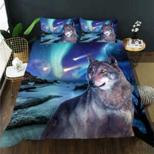 ailonen wolf duvet cover 3 piece set twin size, blue starry night moon aurora borealis meteorite bedding set- outdoor wolf wild animals theme quilt cover and 2 pillowcases