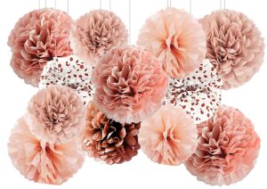 blush pink rose gold hanging tissue paper pom poms,12pcs pompoms flowers for boho birthday,bachelorette, bridal shower decorations, wedding, baby shower decorations