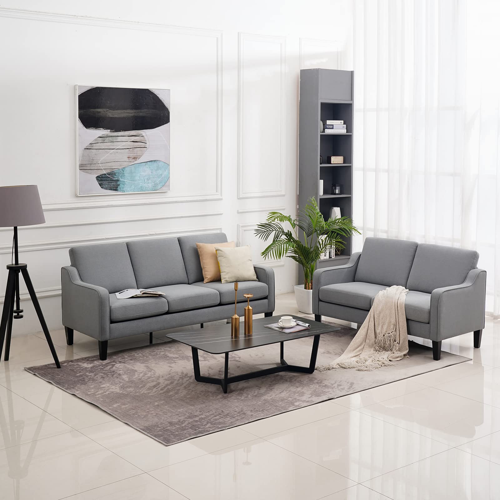 VINGLI Mid-Century Modern Light Grey Loveseat and Sofa Set,53" Small Love Seat+71" Sofa Couch for Living Room,Bedroom,Apartment(Light Grey)