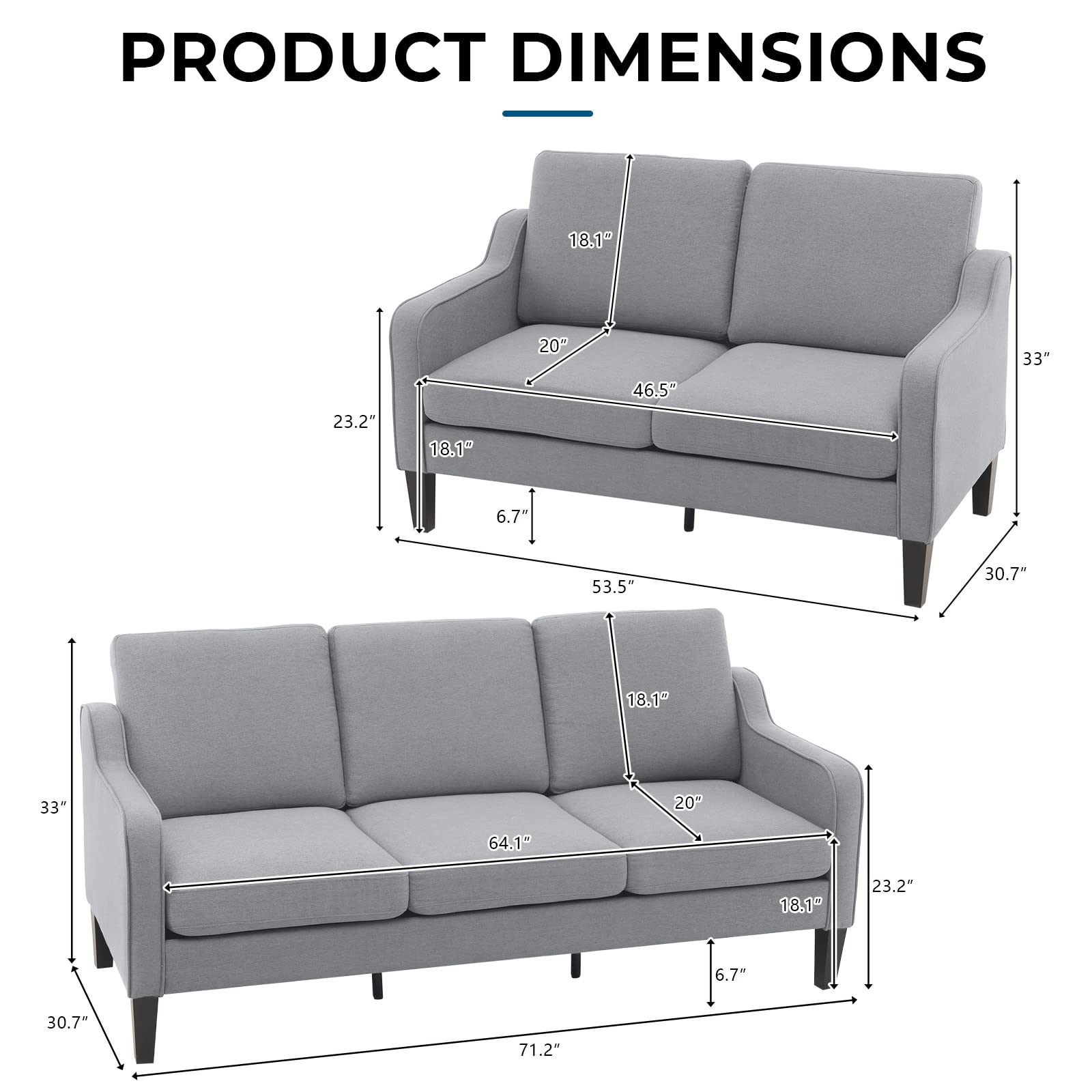 VINGLI Mid-Century Modern Light Grey Loveseat and Sofa Set,53" Small Love Seat+71" Sofa Couch for Living Room,Bedroom,Apartment(Light Grey)