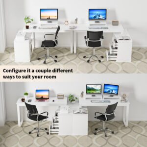 HOMBCK L Shaped Desk with Storage, White Desk Reversible L Shaped Desk with 3 Drawers and File Cabinet, Corner Desk with Hutch and Shelves, Long Computer Desk for Home Office, White