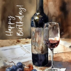 PIXILUV HAPPY BIRTHDAY Greeting card ~ Gorgeous Wine Glass and Bottle Watercolour ~ Birthday Wishes Greetings Vintage Large Card