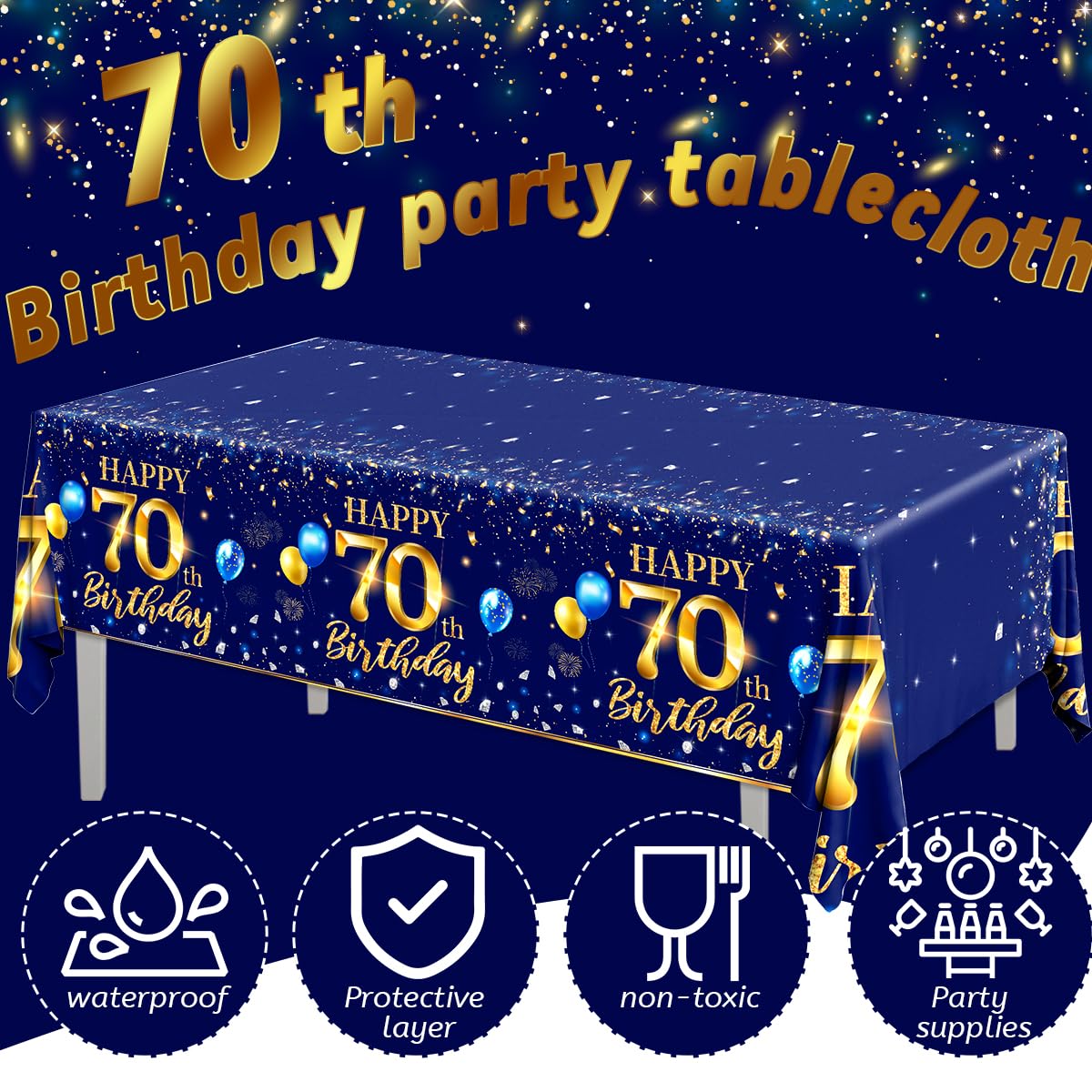 GREHUMOR 70th Birthday Decorations Men-3pcs Navy Blue 70th Birthday Table Covers Rectangle Waterproof Plastic Gold Blue Birthday Tablecloth for Men 70th Birthday Party Supplies