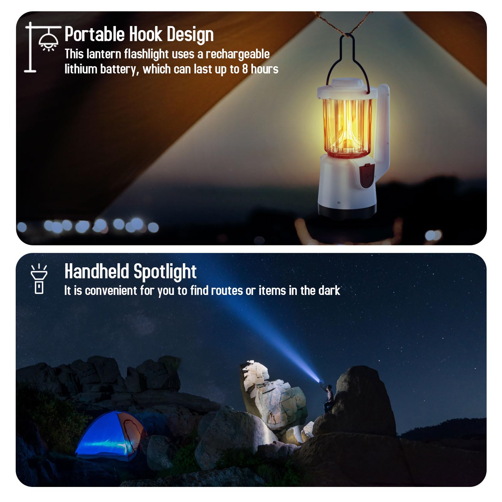 COWHERD Camping Lantern with Rechargeable Flashlights - LED Camping Lights with Flashlight and Lantern Mode - Ideal for Power Outages, Spotlight, Searchlight, Outdoor, Hiking, Emergency