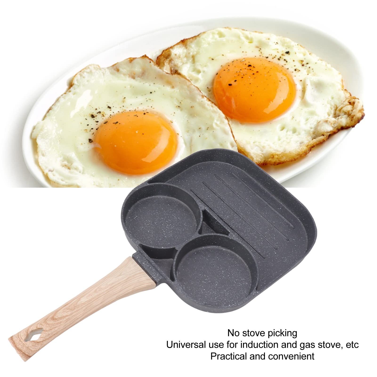 Breakfast Cooking Pan Egg Frying 2 Round Cup 3 Section Stick Proof With Wooden Handle For Induction Gas Stove Home