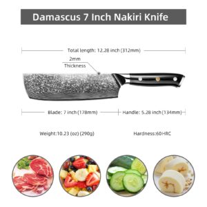 Sunnecko Damascus Kitchen Knife Japanese Nakiri Knife 7 Inch Cooking Knife Vg-10 High Carbon Stainless Steel with G10 Handle