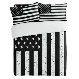 Duvet Cover Sets Black White USA Flag Star and Stripe,3 Pieces Bedding Set Ultra Soft Microfiber Quilt Covers and Pillowcase for Bedroom,Independence Day 4th of July Bed Set All Seasons Use