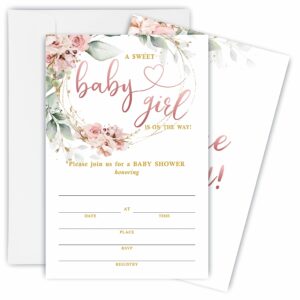 watercolor floral baby shower invitations, sweet girl is on the way baby shower fill-in invitation cards with envelopes - gender reveal party decorations & supplies-b03