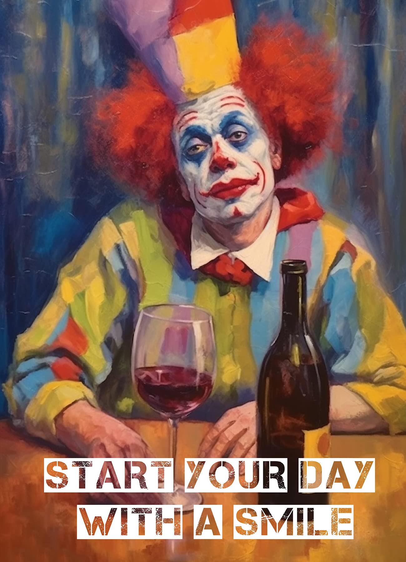 PIXILUV DE-MOTIVATION Greeting card ~ Upset Brightly Dressed Clown Drinking a Bottle of Wine by Himself ~ Funny Cartoon Greeting Card for Birthday and Any Occasion