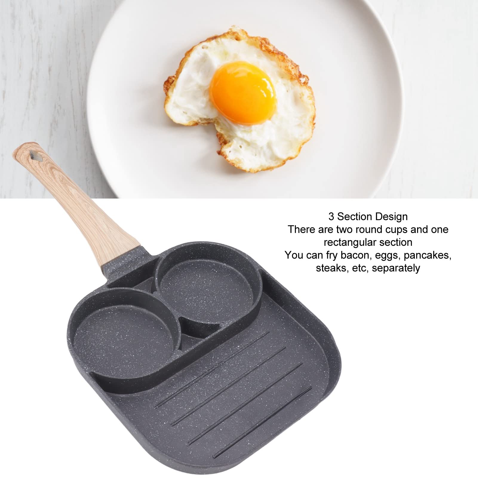 Breakfast Cooking Pan Egg Frying 2 Round Cup 3 Section Stick Proof With Wooden Handle For Induction Gas Stove Home