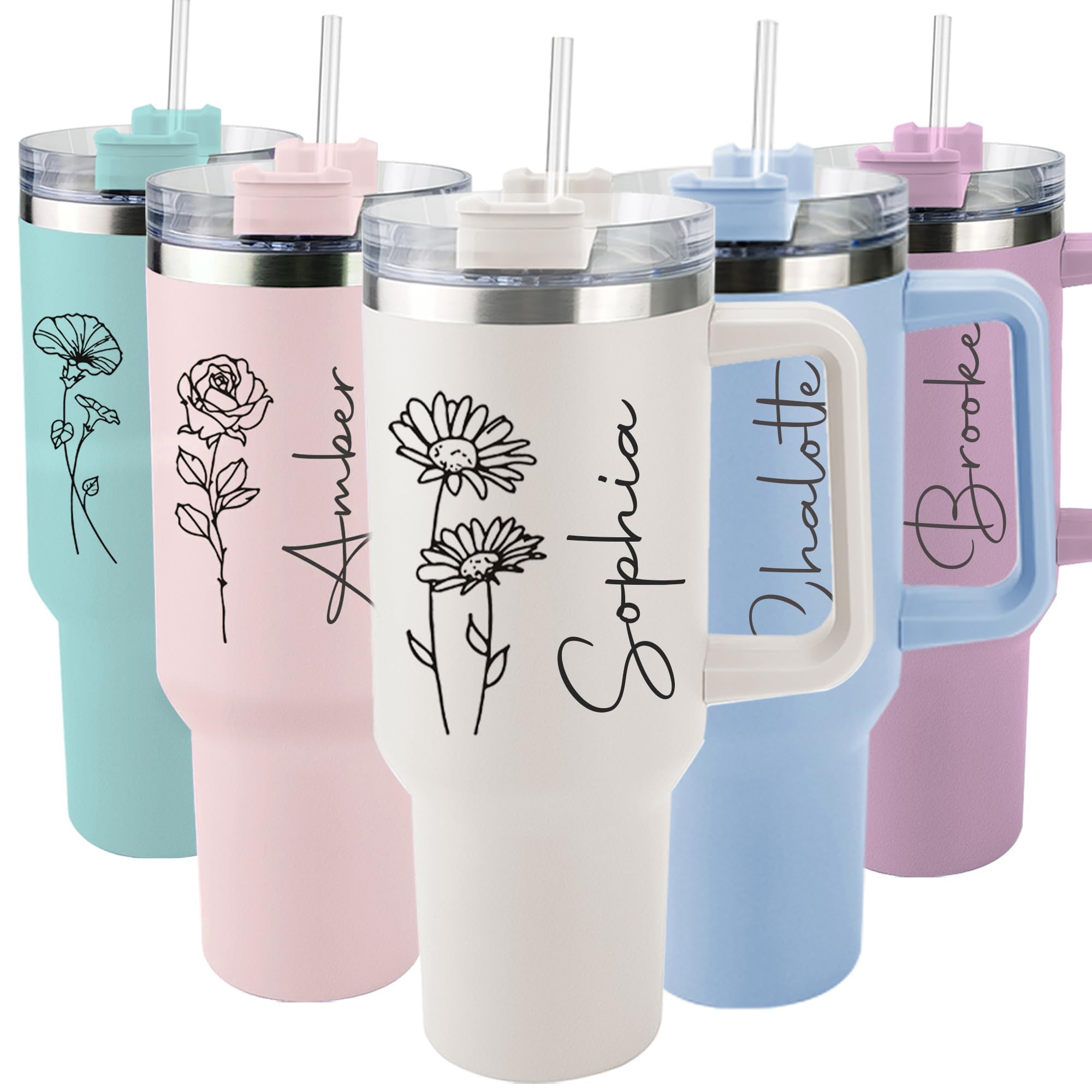 ThermoThrill Ships Next Day, Personalized 40 Oz Tumbler with Handle and Straw, Custom Tumbler with Text Photo Stainless Steel Travel Mug Customized Birthday Gifts for Women Men