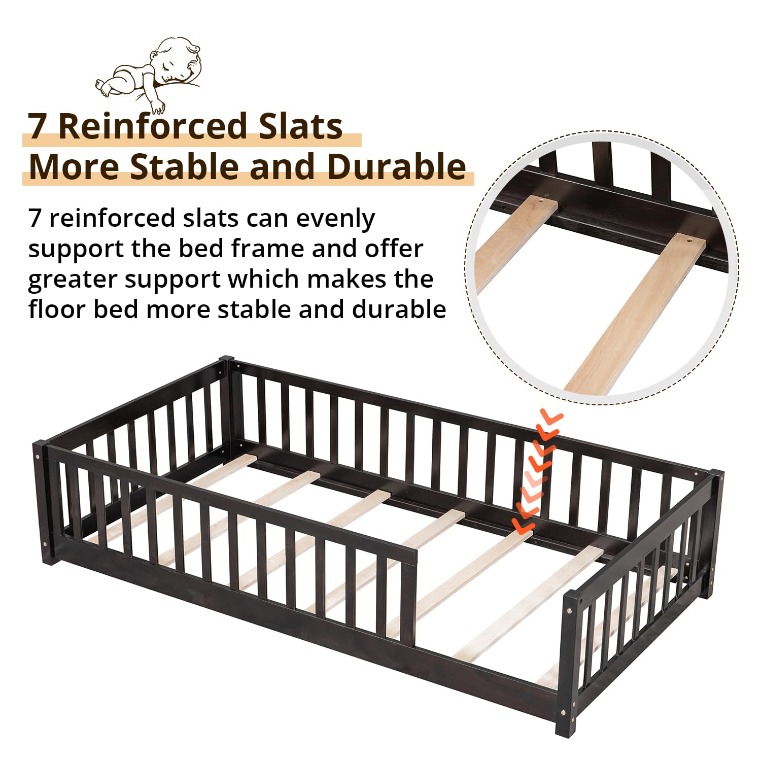 LLS Twin Floor Bed for Children, Durable Montessori Floor Bed with Sturdy Slats and Safety Fence, Solid Wood Floor Bed Frame for Girls Boys and Teens, Espresso (Without Door)