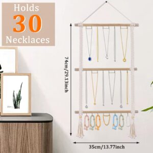 Hutuzldz Hanging Jewelry Organizer, Macrame Necklace Holder with 30 Hooks, Wall Mounted Necklace Rack with Tassel for Girls Bracelet Earrings Headband Bow Display (Macrame)