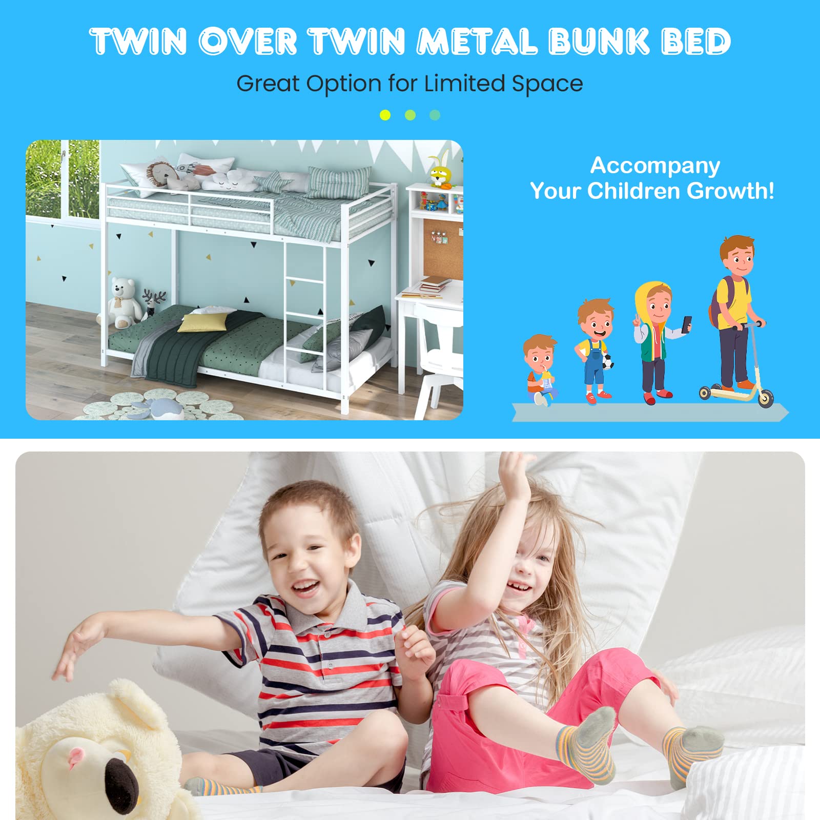 GOFLAME Twin Over Twin Bunk Bed, Metal Frame Loft Bunk Bed with Ladder and Guard Rail, Heavy-Duty Slatted Floor Bunk Bed Frame for Kids, Teens, No Box Spring Needed (White)