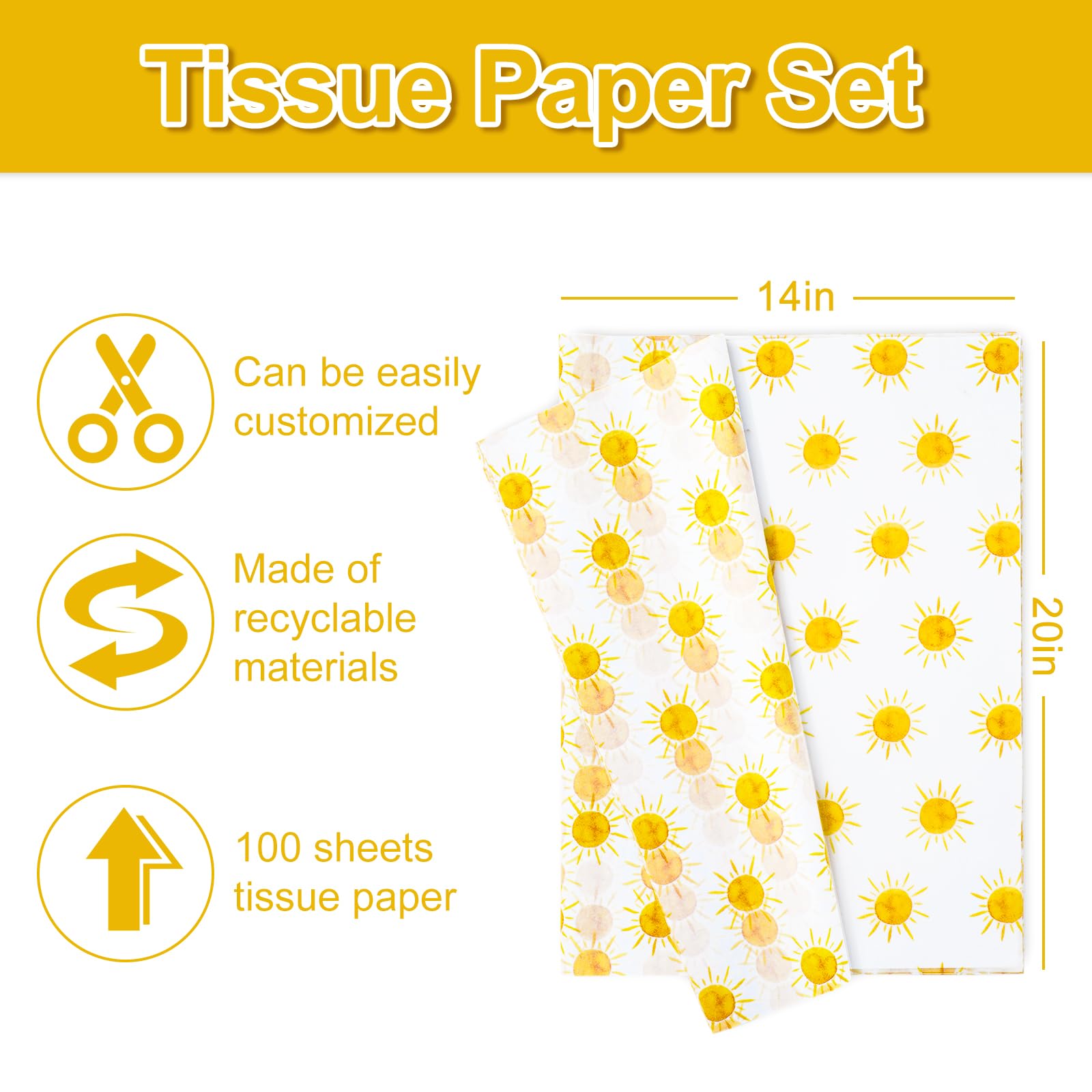 Whaline 100 Sheet Boho Sunshine Tissue Paper Yellow Sun Gift Wrapping Paper First Trip Around The Sun Theme DIY Craft Art Paper for Summer Holiday Party Birthday Decor Supplies, 13.8 x 19.7 Inch