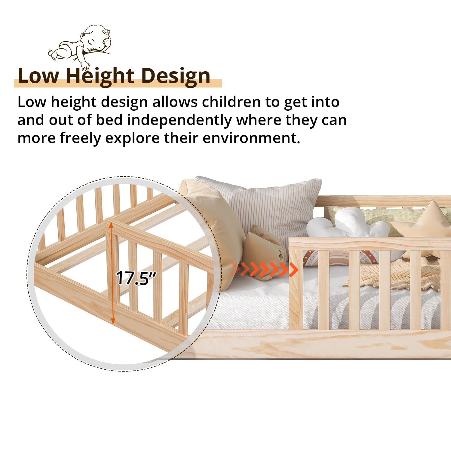 LLS Twin Floor Bed for Children, Durable Montessori Floor Bed with Sturdy Slats and Safety Fence, Solid Wood Floor Bed Frame for Girls Boys and Teens, Natural (Without Door)