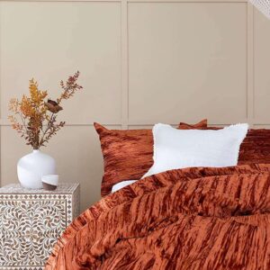 Sophia-Art Crushed Solid Rust King Velvet Duvet Cover Set, 3 Pieces Bedding Cover Set 230 x 220 Cms, and 2 Pillow Covers Shames with Zipper Closure UO Comforter Case