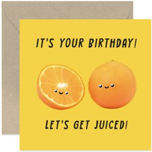 old english co. funny orange birthday card for him her - 'let's get juiced' orange birthday card for men women - funny card for son, daughter, niece, nephew | blank inside with envelope