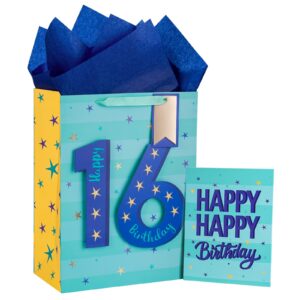 loveinside birthday blue gift bag with tissue paper, gift tag and greeting card for birthday, party, baby shower and more - 10" x 5" x 13", 1 pcs - 16 years old birthday boy