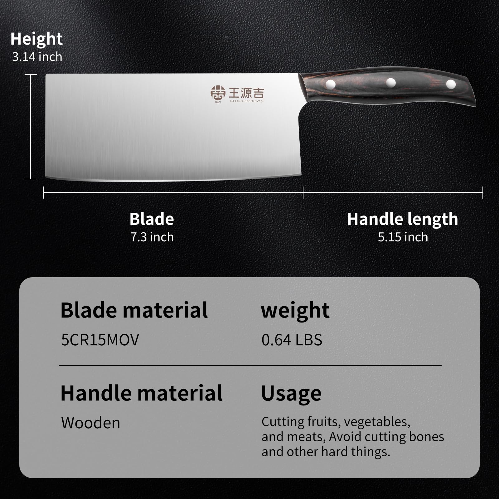 WANGYUANJI Kitchen Knife,High Carbon Stainless Steel Knife for Vegetable and Meat Cutting with Wood Handle,Avoid Cutting Bones,Suitable for Home Kitchen and Restaurant