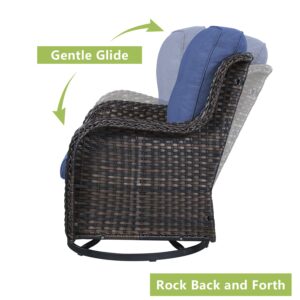 Patio Chairs Rocking Swivel Chair - 2 Piece Wicker Rocker Chairs Set with High Back and Deep Seating for Outdoor Outside Deck Porch Garden(Brown Wicker/Blue Cushion)