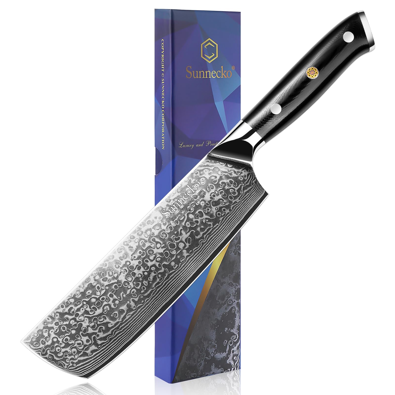 Sunnecko Damascus Kitchen Knife Japanese Nakiri Knife 7 Inch Cooking Knife Vg-10 High Carbon Stainless Steel with G10 Handle