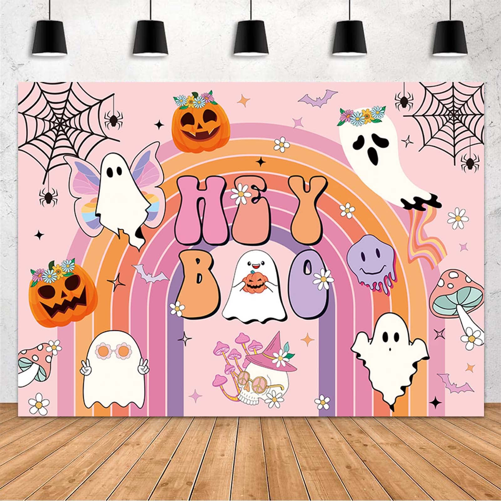 MEHOFOND 7x5ft Halloween Baby Shower Backdrop Pink Hey Boo Kids Birthday Bash Banner Cute Ghost Retro Groovy Rainbow Birthday Party Decorations Background Halloween Baby Shower Decorations Banner