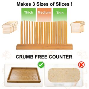 OMDS Luxury Bamboo Bread Slicer with Knife - 3 Slice Thickness, Foldable Compact Cutting Guide with Crumb Tray, Stainless Steel Bread Knife for Homemade Bread, Cake