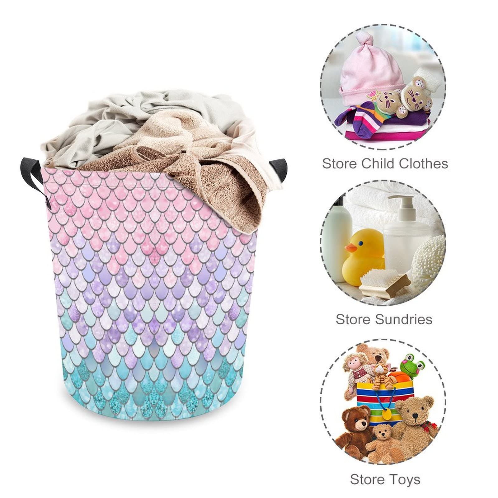 Lurhonp Collapsible Laundry Basket Mermaid Large Waterproof Laundry Bag Dirty Clothes Storage Basket Toys Organizer with Handles for Kids Room,Mermaid 02